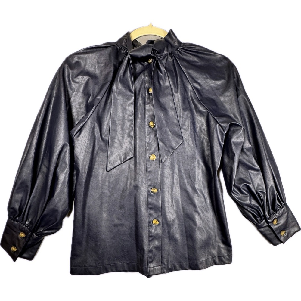 Rachel Comey Faux Leather Blouse Women XXS Navy Blue Tie Neck Balloon Sleeve